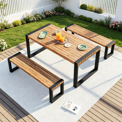  Table de salle à manger 3 pièces avec 2 bancs, plateau en bois d'acacia et structure en acier, pour l'extérieur, l'intérieur et la nature