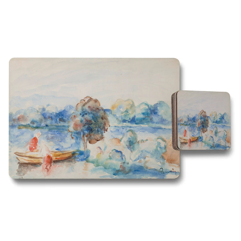 Watercolor Boat Scene Placemat And Coaster Set Decor