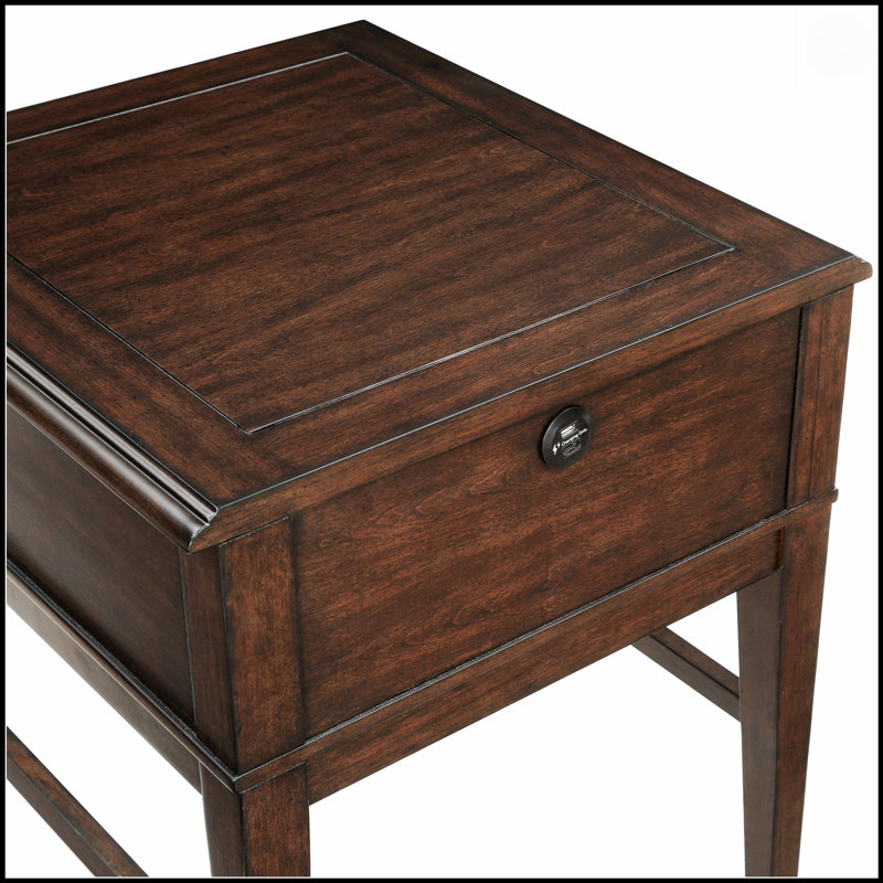 Table de bout classique avec tiroirs, port de chargement USB et finition brun riche pour les meubles de salon modernes