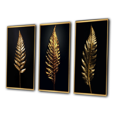 " Golden Fern Leaf On Black V " 3 - Pieces
