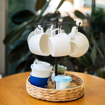 Farmhouse Coffee Mug Holder Stand With Woven Basket For Countertop, 2 Tier Handle Coffee Cup Tree Holder, Coffee Mugs Rack For 6 Mug Hooks With Cup Po