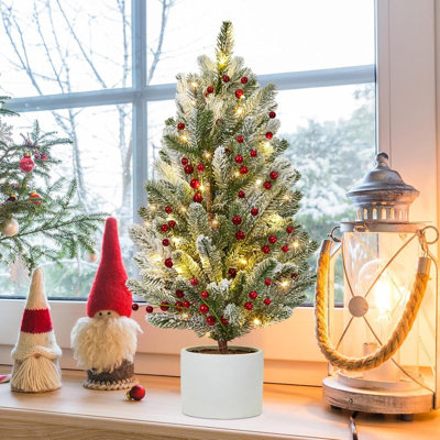 24 Inch Pre-lit Table Top Christmas Tree, Artificial Small Green Christmas Tree with Cement Basin
