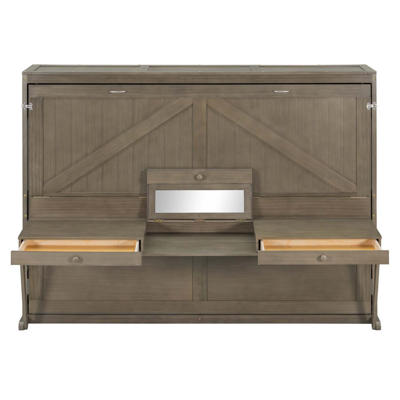 Grand lit escamotable mural avec rangement, conception pliable, bureau de coiffeuse, miroir central et 2 tiroirs latéraux, gris vieilli