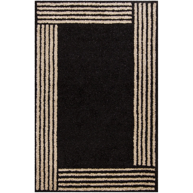 Arae Authentic Hand-Woven Handmade Black & Cream High Pile Modern Minimalist Striped Border Polyester Area Rug