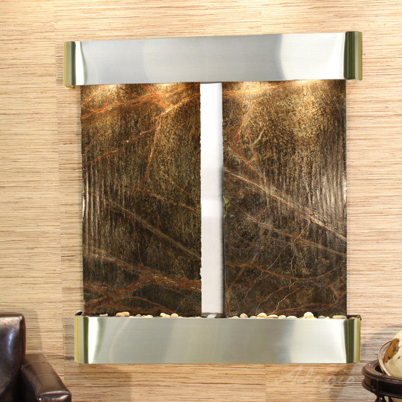 Aspen Falls Natural Stone Fountain with Light, Rainforest Green Marble, Stainless Steel