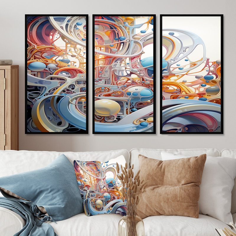 «Swirling Architecture Blue Spheres», ensemble de reproductions d'art géométriques murales, Cadre flottant noir