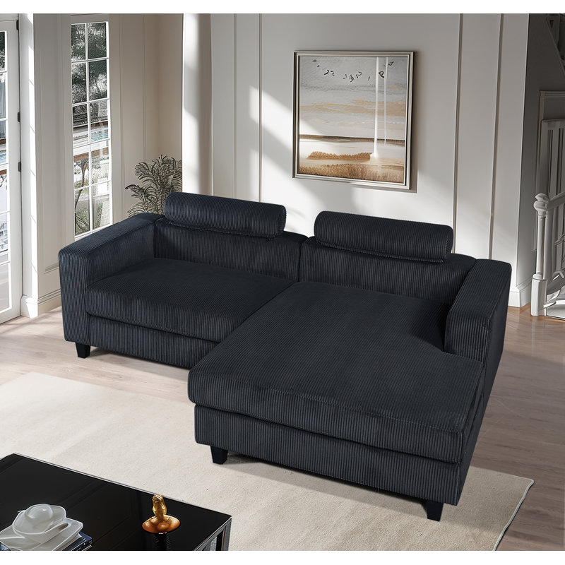 Amiin Corduroy L-Shaped Sectional, Dark Gray Corduroy, Right Hand Facing