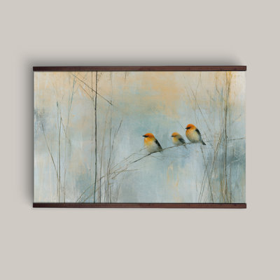 Three Songbirds on Branch Blue Botanical Wall Art Tapestry
