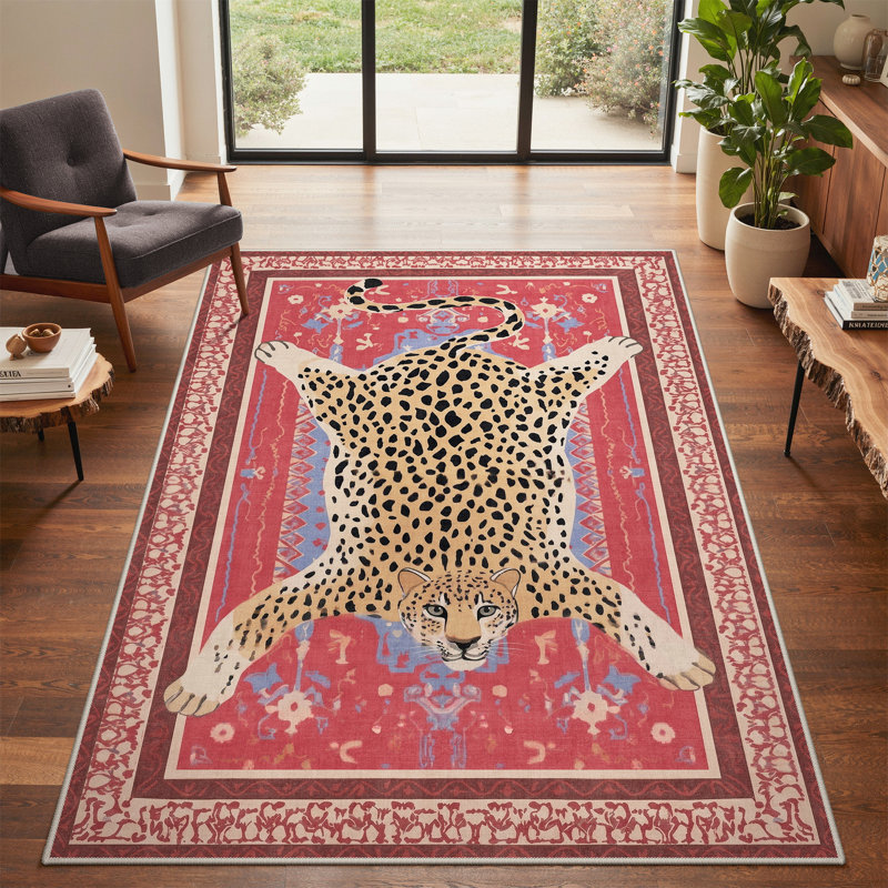 Tapis rose à imprimé léopard Alinda, Rectangle 5 pi x 7 pi, Pink