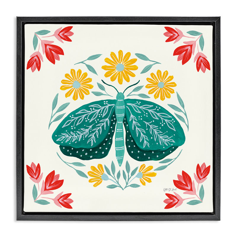  Art mural sur toile Green Folk Butterfly, Cadre flottant noir de jais, H 18 po x l 18 po