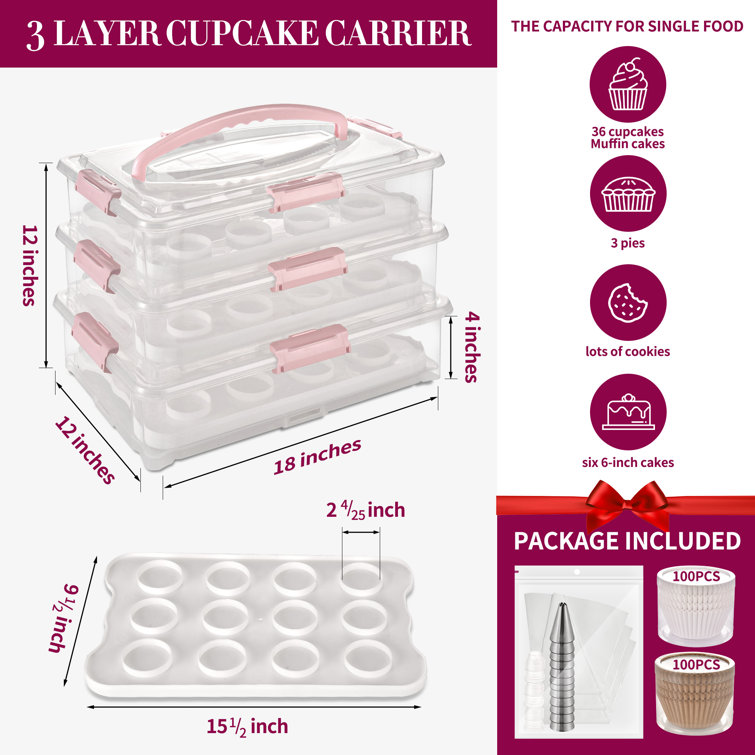 Prep & Savour Knoxville 3-tiers Cupcake Carrier (White), Transport Container,  BPA-Free, Holds up to 36 Cupcakes