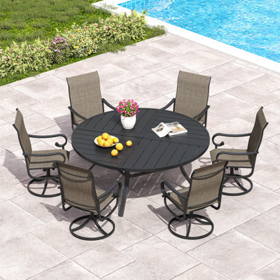 6-Person Patio Dining Set with 53" Metal Round Dining Table and 6 Swivel PVC-coated polyester Dining Chairs