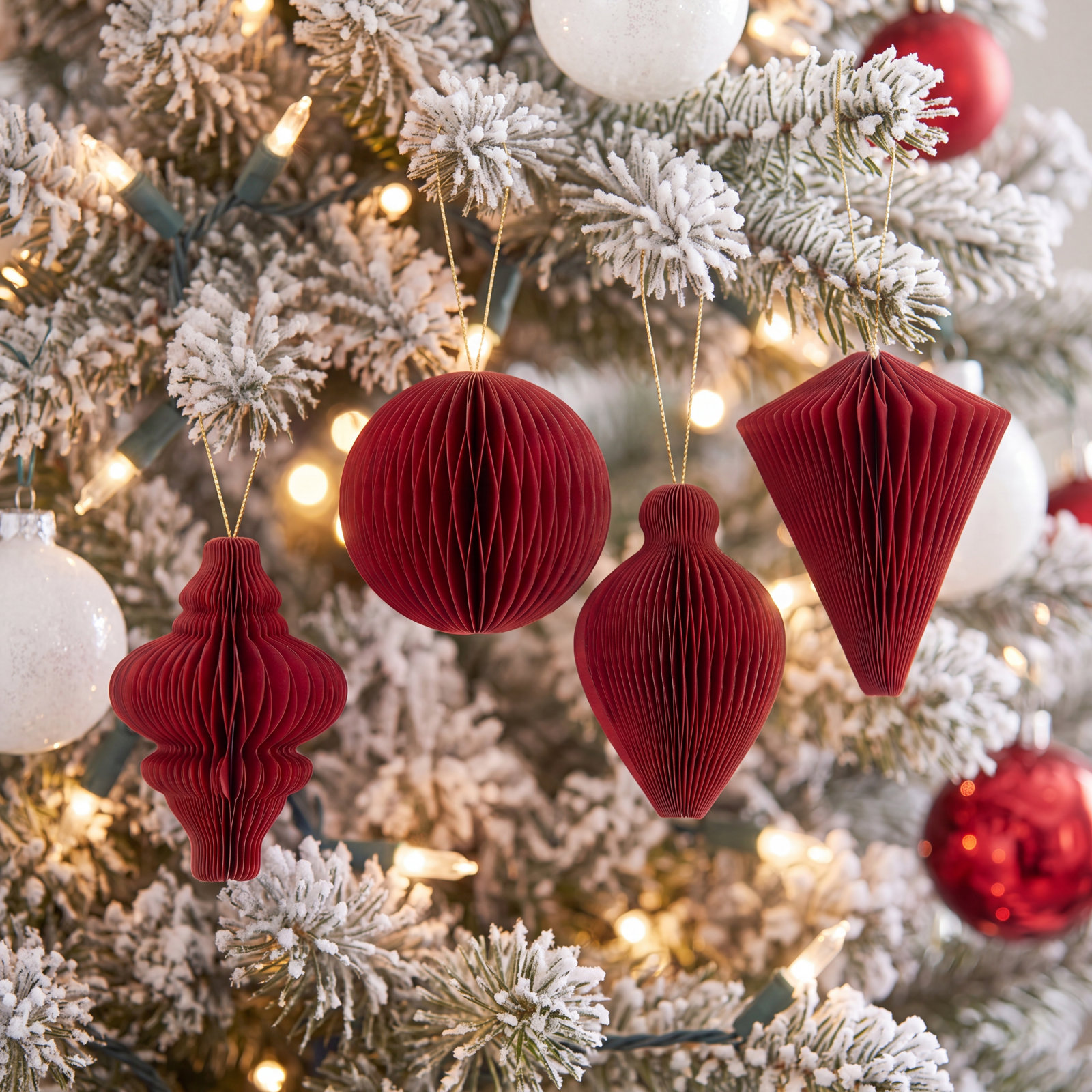 Accordion Honeycomb Foldable Paper Christmas Ornaments - 4" - Set Of 4, Red