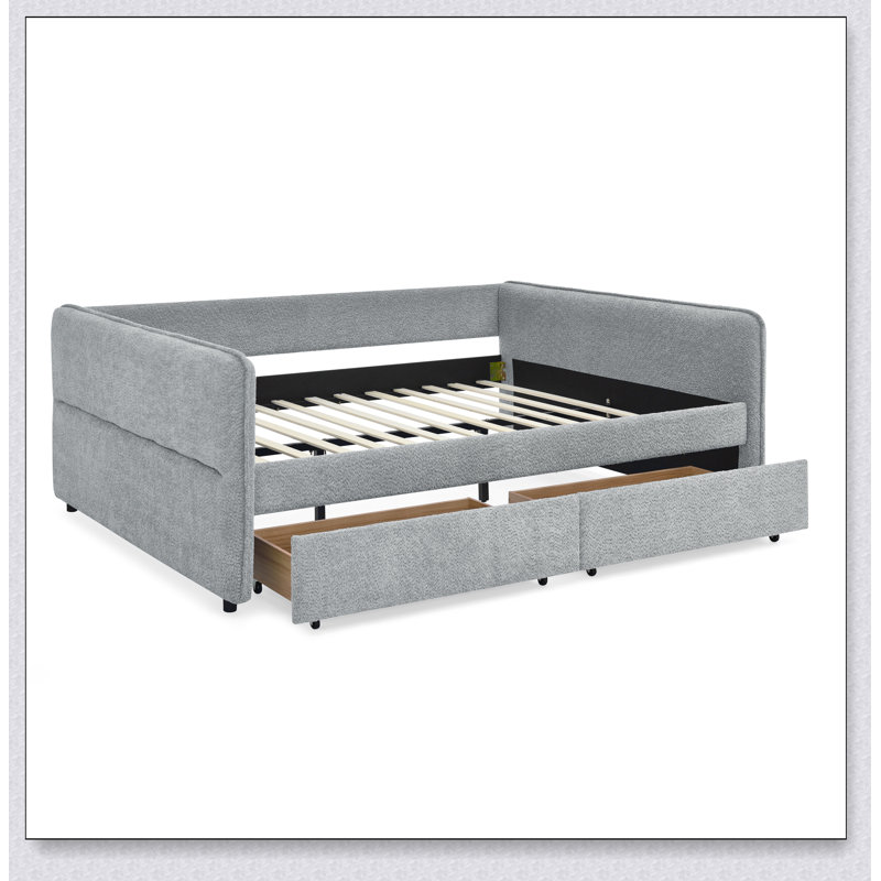 Tufted Boucle Daybed with Trundle & 2 Drawers – Upholstered Sofa Bed, Vertical Stripe Design