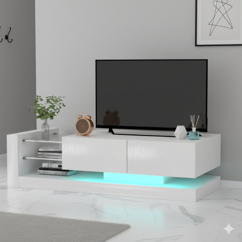 Meuble audio-vidéo moderne blanc avec armoires de rangement, avec une bande lumineuse à DEL RVB complète avec 31 modes contrôlables par télécommande. Conçu pour les téléviseurs de 75 pouces.