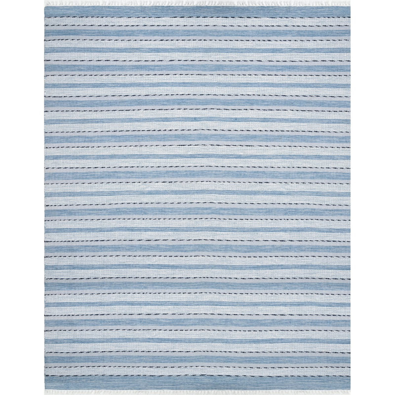 Tapis intérieur / extérieur en PET recyclé tissé à la main Eastman en bleu / blanc / gris, Rectangle 8 pi x 10 pi