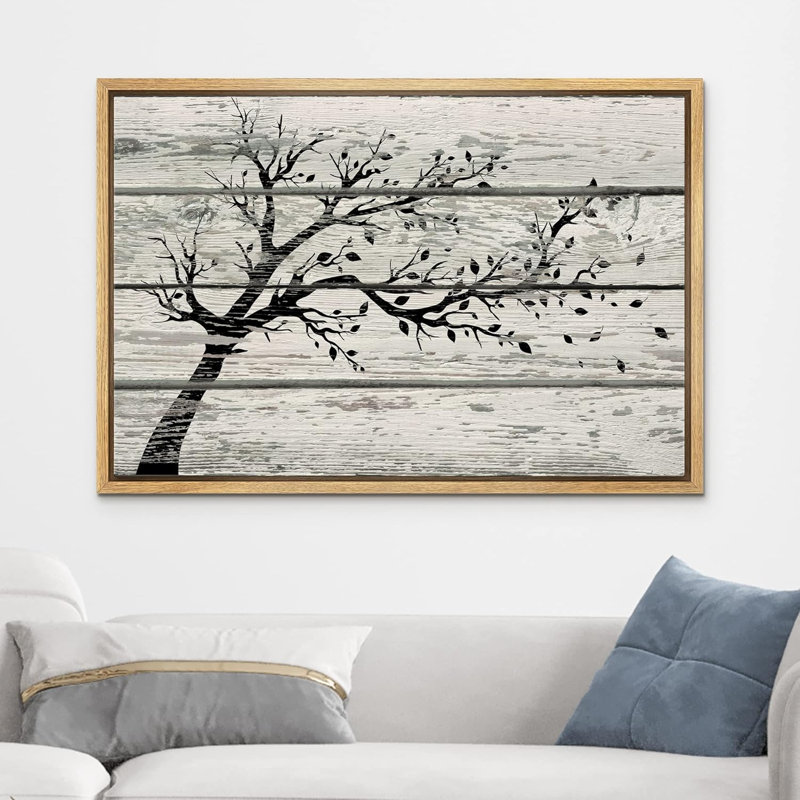 Arbre avec feuilles en noir et blanc sur fond effet bois rétro, impression sur toile rustique, H 24 po x l 36 po