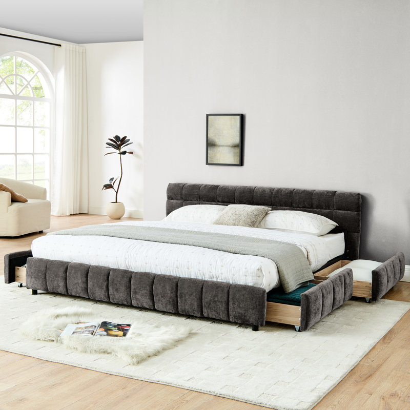 King Size Platform Bed With Chenille And Organized Storage Drawer - Dark Grey Upholstered Well-designed