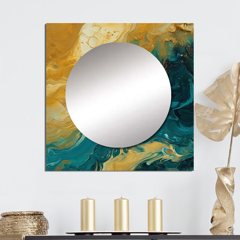 Golden Sunshine en bleu profond océan abstrait - grand miroir carré abstrait pour décoration murale, 36 po x 36 po