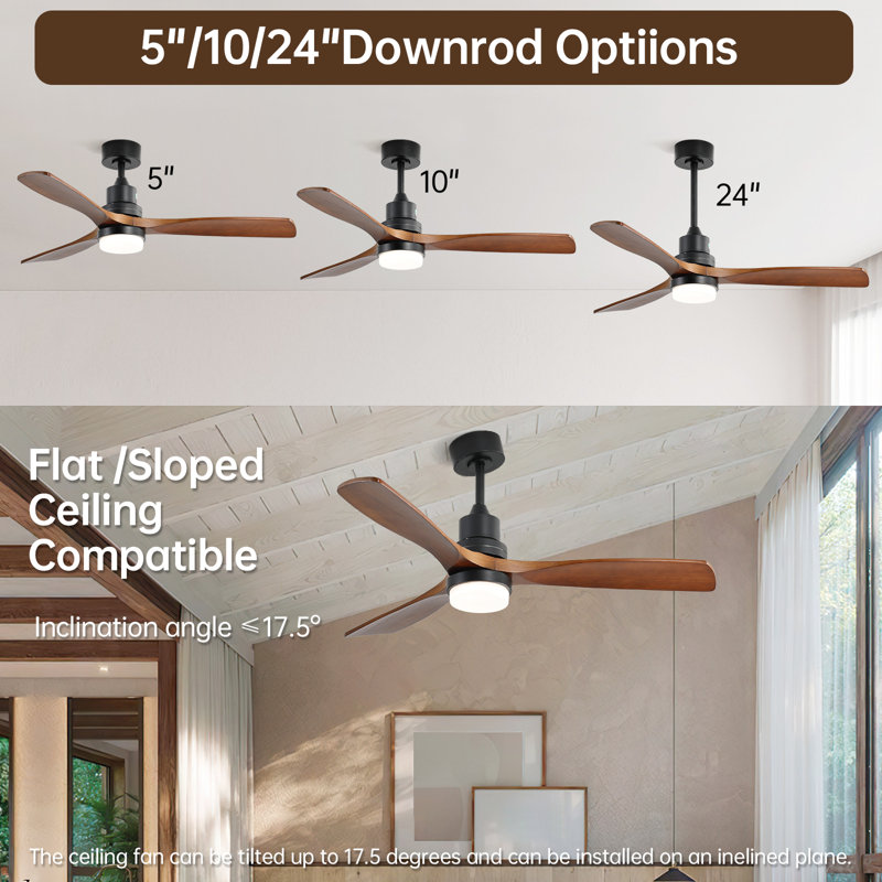 132CM Ceiling Fan with LED Light and Remote Control, Dark Brown Wood, Black