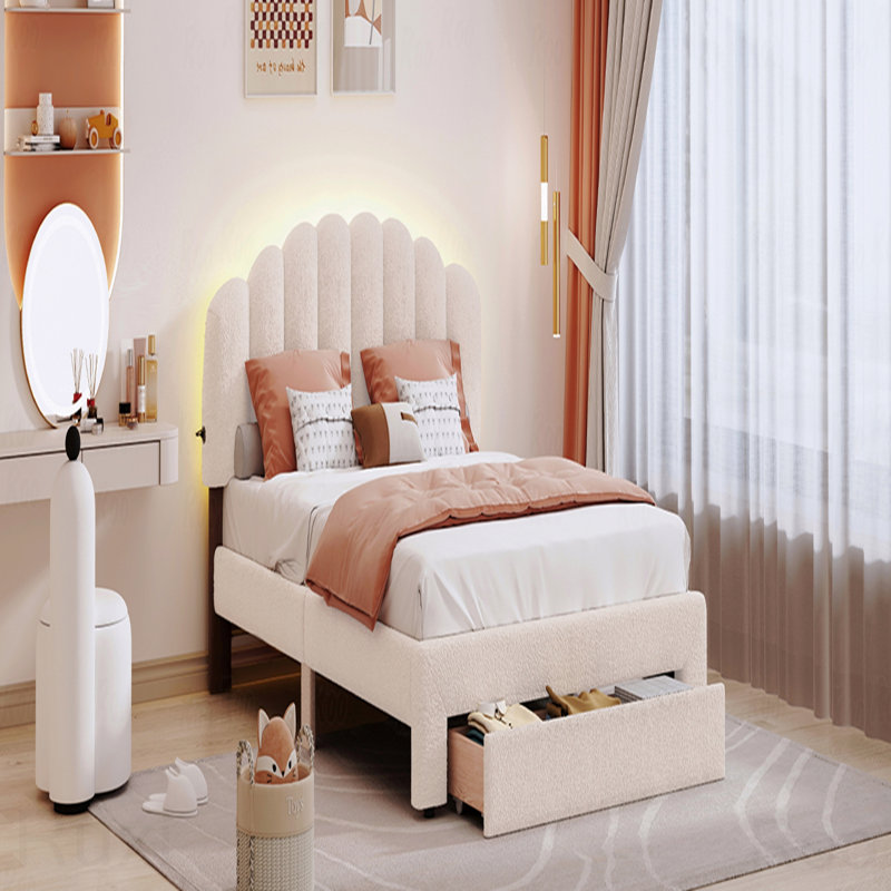 Structure de lit plateforme tapissier avec tiroir en molleton Queen Teddy