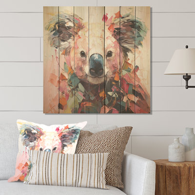 Floral Pink And Green Koala IV - Koala Animal On Wood Print