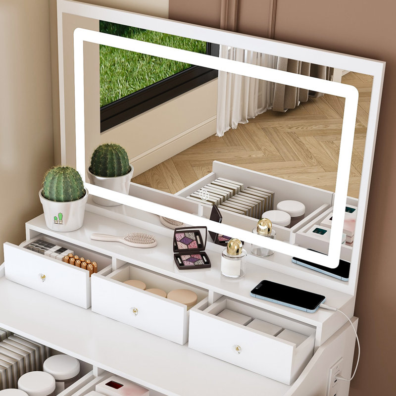 Nouveau grand bureau de coiffeuse à miroir pour chambre à coucher, ensemble de coiffeuse à maquillage moderne avec prise de courant et porte-séchoir à cheveux, 5 tiroirs, 3 coiffeuses réglables de couleur pour la chambre à coucher, couleur blanche