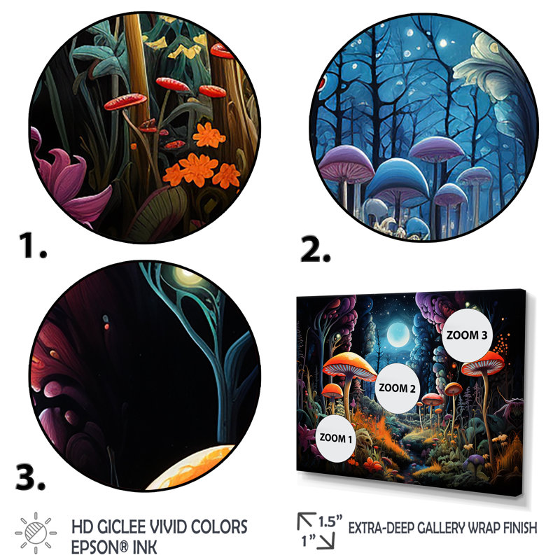 «Fantasy Mushroom Forest Dream I», art mural abstrait, H 34 po x l 44 po x P 1,5 po, Cadre de coin argenté fermé