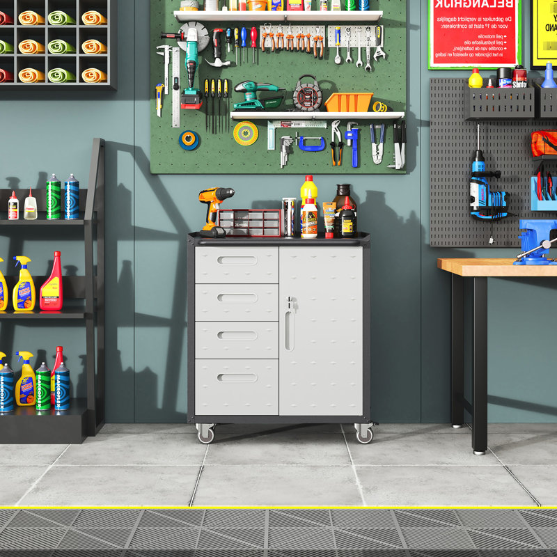 Heavy-Duty Metal Storage Cabinet For Garage, Office, Home. Lockable Wheels, Raised Top. 4 Side Drawers, Adjustable Shelves. Black/Gray Tool - 360 Top Surface, Space.
