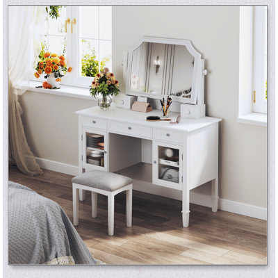 44.4-Inch Makeup Vanity Desk With Adjustable Mirror, Dressing Table Set With Drawer & Cabinet, Space-Saving Beauty Station For Bedroom