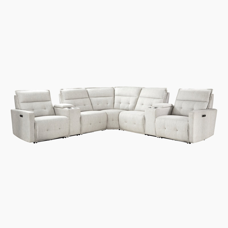 Niehaus 113.5" Modern & Contemporary Textured Fabric 7-Piece Modular Power Reclining Sectional with Power Adjustable Headrest, Storage Console with Wireless Charging & 3 Recliners