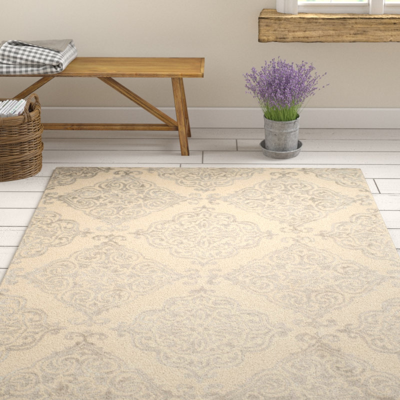Bernon Hand Tufted Viscose/Wool Geometric Rug in Ivory/Silver, Rectangle 5' x 8'