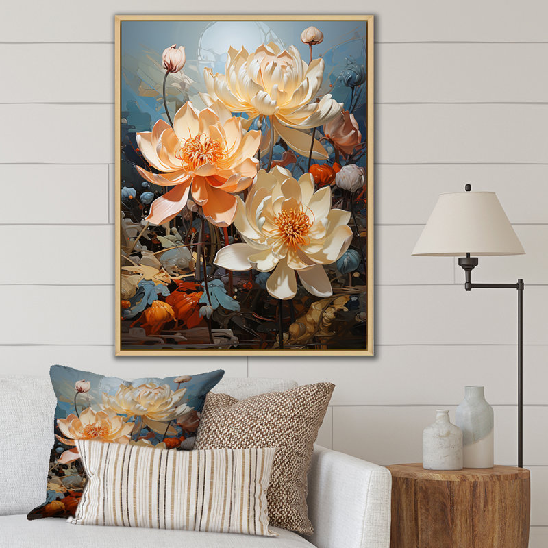 Lotus Cubist Harmony II sur toile, H 44 po x l 34 po x P 1,5 po, Cadre flottant naturel