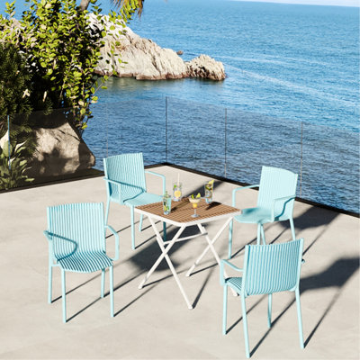 4Pcs Blue Stackable Pp Armchairs And An Indoor/Outdoor Square Table, Stable Design, Ergonomic Slatted Back, Tabletop With Metal Legs, - , All Weather Of 4 Folding Body Hugging