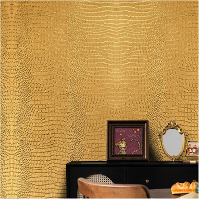 Papier peint adhésif crocodile doré, papier contact amovible de 15,7 po x 118 po, papier peint texturé auto-adhésif pour armoires, chambre à coucher, cuisine, imperméable et résistant aux rayures