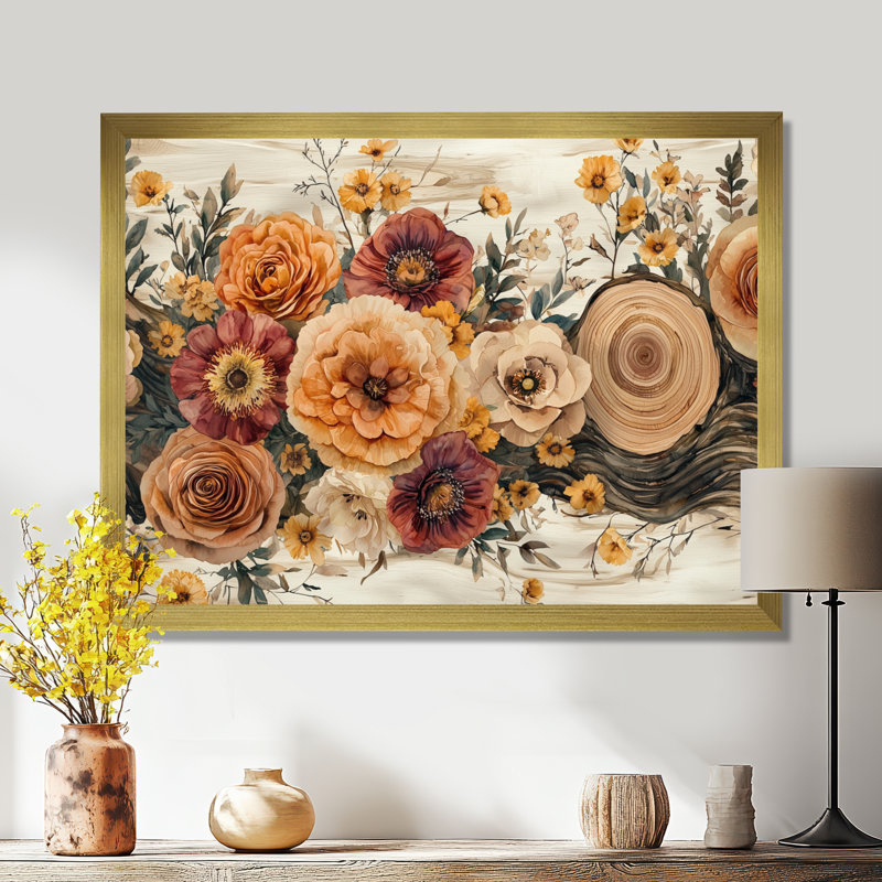 Bouquet d'automne assorti de fleurs sur une glissade en bois - Art mural de bouquets assortis pour le salon, Avec cadre, Doré