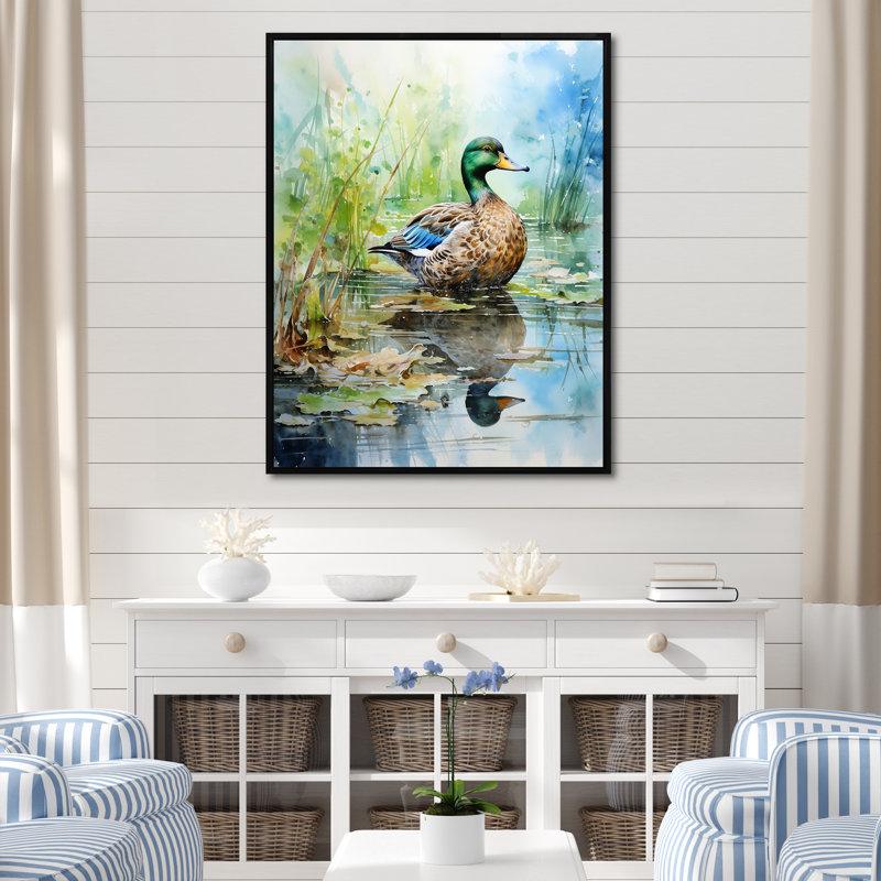 Duck Pond Reflections I - Duck Animal, art mural, Cadre flottant noir, H 40 po x l 30 po x P 1,5 po