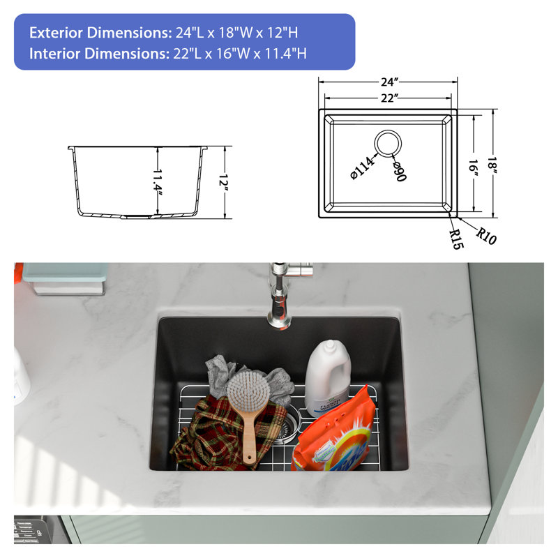 Évier utilitaire en composite de granite à cuve simple 24 po L x 18 po pour salle de lavage., Noir