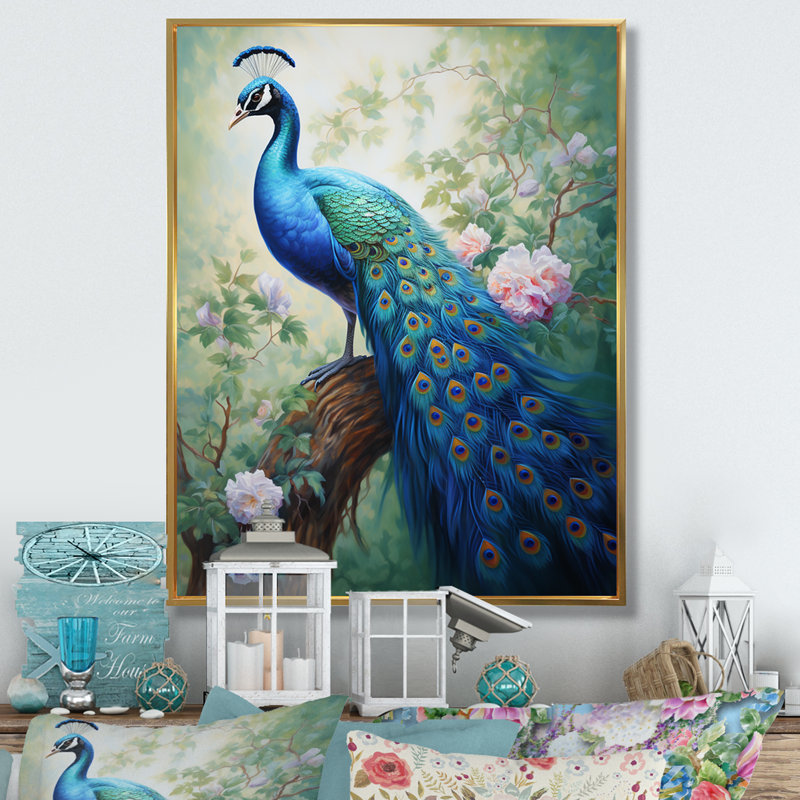 Arrandale bleu encre délavée paon III - paon, art mural, H 44 po x l 34 po, Cadre flottant doré