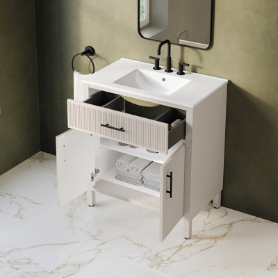 Ensemble de meuble-lavabo autoportant 30 po Carissa, blanc crème, plateau en céramique blanche et quincaillerie noir mat Carissa