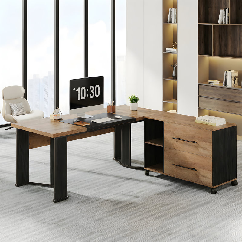 Barbrook 70.86" L-Shaped Executive Desk and Mobile Lateral File Cabinet 2-Piece Set, Light Brown