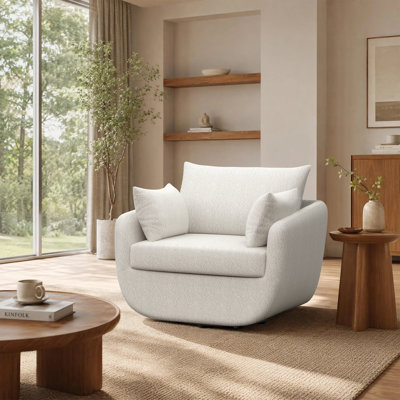 40"Modern Bouclé Swivel Chair With 3 Accent Pillows, Oversized & Cozy Lounge Armchair