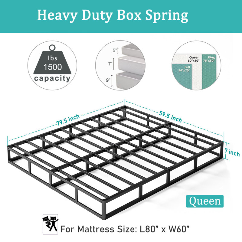 Queen Box Spring for Queen Bed, 7 Inch Metal Queen Size Box Spring Only with Fabric Cover, 1500LBS Capacity Heavy-Duty Mattress Foundation Bed Base, Easy Assembly
