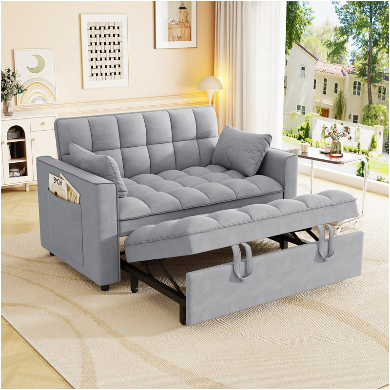 Sleeper Sofa Couch W/Pull Out Bed, Modern Velvet Convertible Sleeper Sofa Bed, Small Love Seat Sofa Bed W/Pillows & Side Pockets For Small Space, Living Room, Apartment,Gray