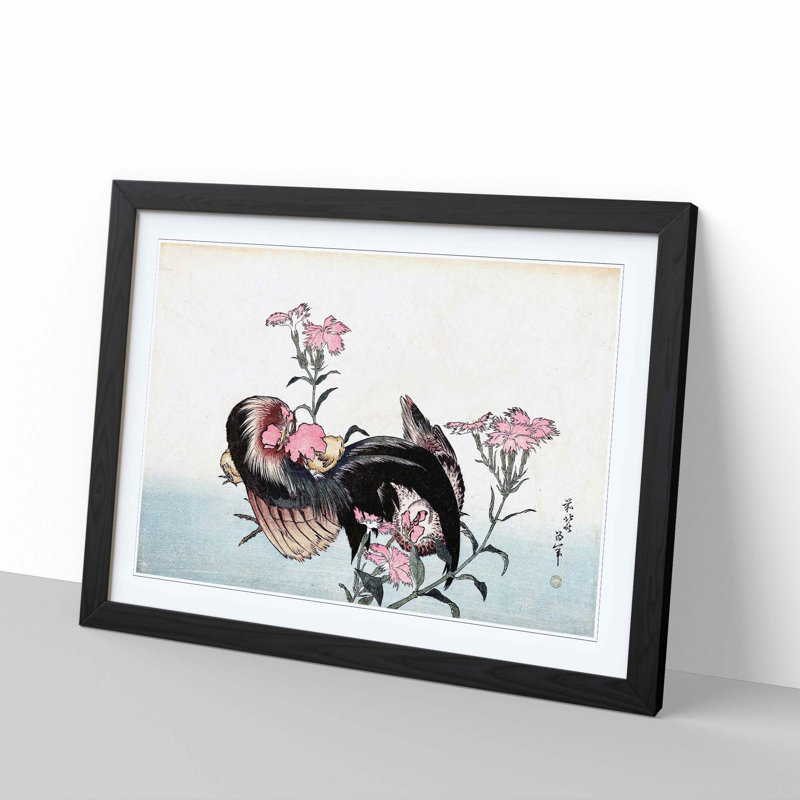 Cock, Hen & Nadeshiko by Katsushika Hokusai - Picture Frame Painting, Black Framed, 36cm H x 48cm W x 2cm D