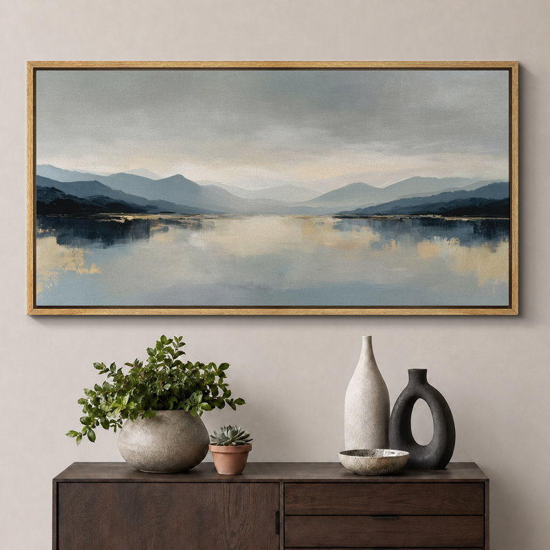 "Serene Mountain Lake Reflection Landscape", très grandes photos, impression sur toile encadrée, Naturel, H 30 po x l 60 po
