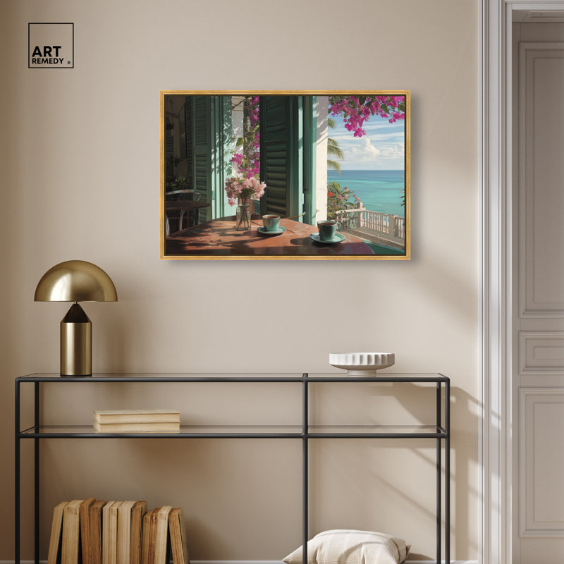 «Morning Coffee Ocean View», reproduction d'art sur toile encadrée par Art Remedy, cadre doré, 30 x 20, 21"H x 31"W