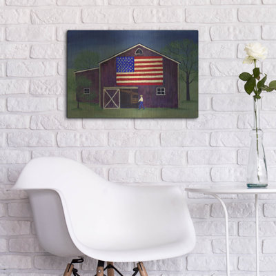 Art mural en métal luxueux «Barn with Flag 1» par C Munro, 24 po x 16 po