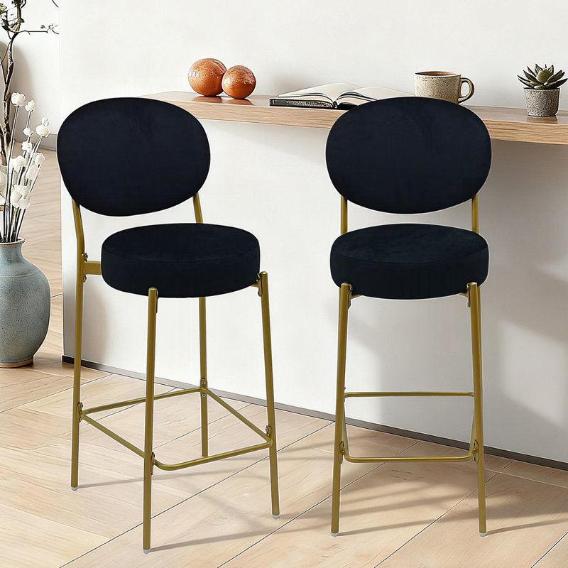 Tabourets de bar modernes en velours avec pieds en métal doré et dossier ovale, ensemble de 2