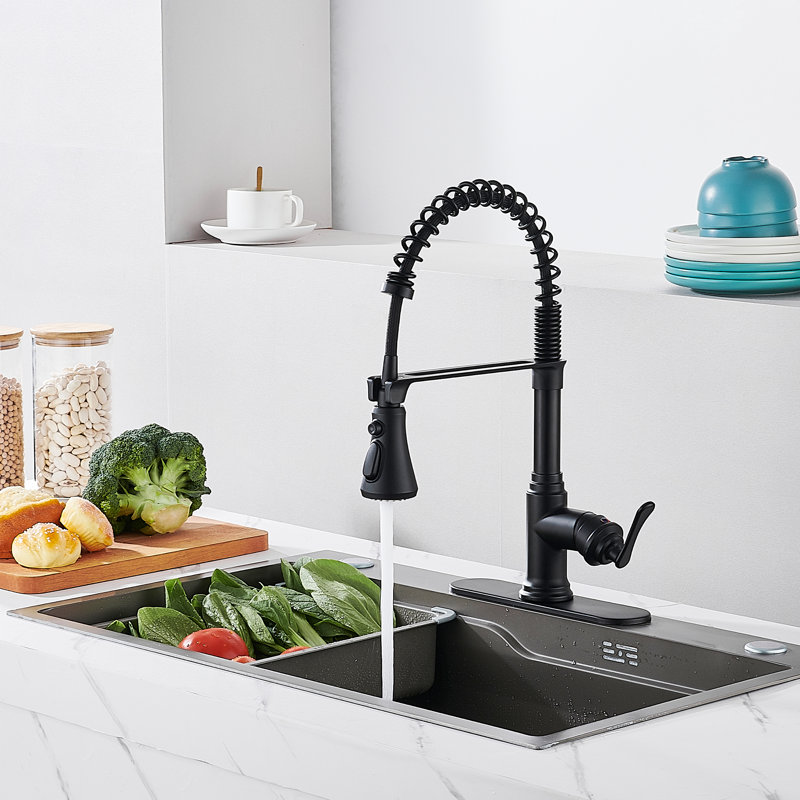 FURUISI Pull Down Single Handle Kitchen Faucet with Deck Plate, Matte Black
